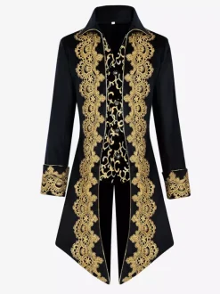 Black Men's Vintage Tailcoat Steampunk Embroidery Long Sleeves Retro Coat