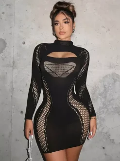 Black Mesh Cutout Long Sleeve Mini Dress Turtleneck See Through Fishnet Bodycon Club Dress