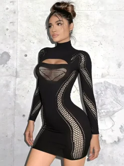Black Mesh Cutout Long Sleeve Mini Dress Turtleneck See Through Fishnet Bodycon Club Dress