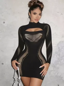 Black Mesh Cutout Long Sleeve Mini Dress Turtleneck See Through Fishnet Bodycon Club Dress