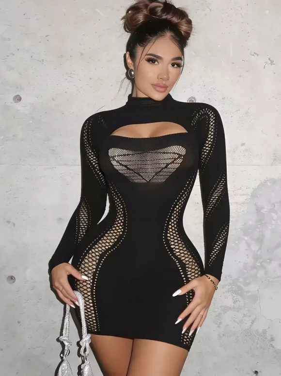 Black Mesh Cutout Long Sleeve Mini Dress Turtleneck See Through Fishnet Bodycon Club Dress