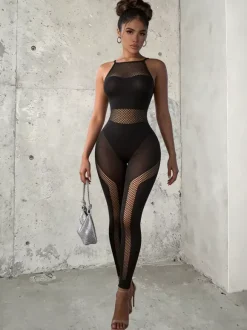 Black Mesh Panel Halter Jumpsuit Sheer Fishnet Cutout Bodycon Catsuit Clubwear
