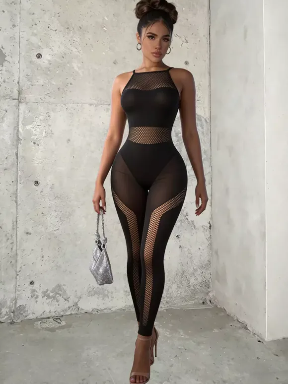 Black Mesh Panel Halter Jumpsuit Sheer Fishnet Cutout Bodycon Catsuit Clubwear