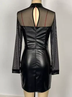 Black Mesh Patchwork Faux Leather Bodycon Mini Dress For Women 2026