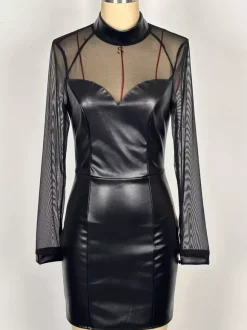 Black Mesh Patchwork Faux Leather Bodycon Mini Dress For Women 2026