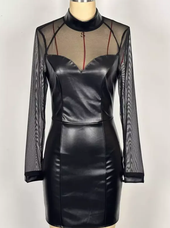 Black Mesh Patchwork Faux Leather Bodycon Mini Dress For Women 2026