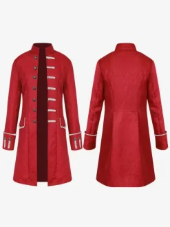 Black Midi Coat Vintage Top Euro-Style Floral Print Long Sleeves Polyester Fiber Overcoat Retro Costumes For Man Burgundy