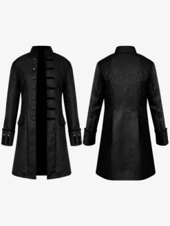 Black Midi Coat Vintage Top Euro-Style Floral Print Long Sleeves Polyester Fiber Overcoat Retro Costumes For Man Burgundy