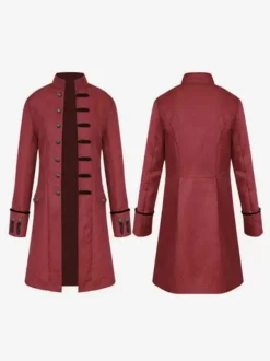 Black Midi Coat Vintage Top Euro-Style Floral Print Long Sleeves Polyester Fiber Overcoat Retro Costumes For Man Burgundy
