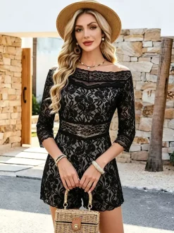 Black Off-The-Shoulder 3/4 Length Sleeves Lace Lace Straight Summer Playsuit