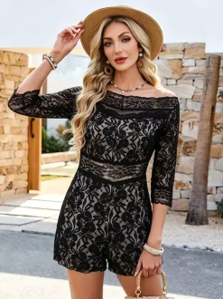 Black Off-The-Shoulder 3/4 Length Sleeves Lace Lace Straight Summer Playsuit