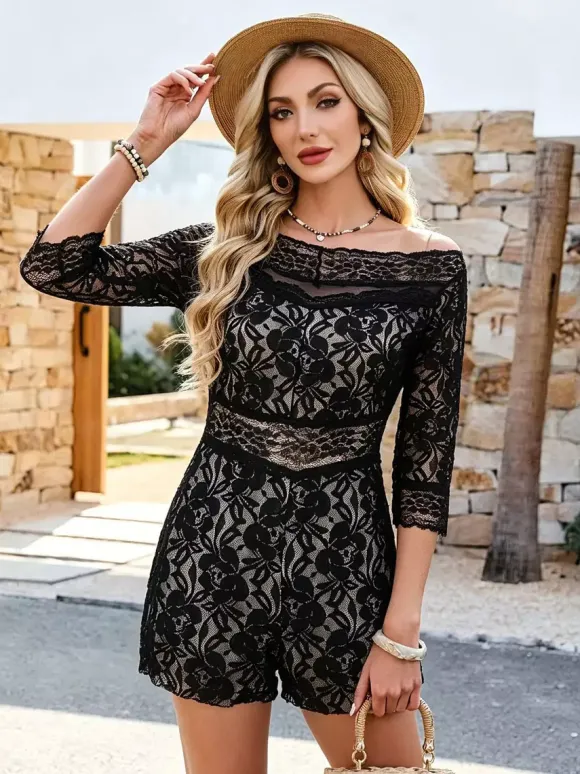 Black Off-The-Shoulder 3/4 Length Sleeves Lace Lace Straight Summer Playsuit