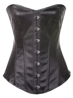 Black Over Bust Corsets Front Steel Busk Leather Waist Training Corsets With Thong