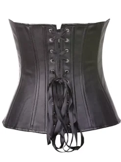 Black Over Bust Corsets Front Steel Busk Leather Waist Training Corsets With Thong