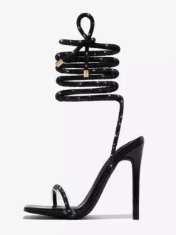 Black Party Shoes Glitter Open Toe Lace Up High Heel Sandals Prom Shoes
