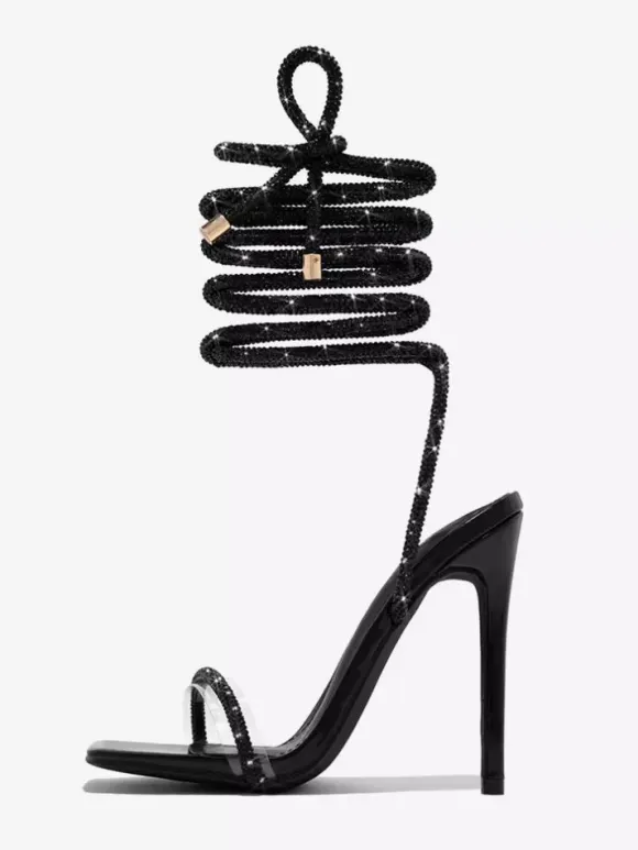 Black Party Shoes Glitter Open Toe Lace Up High Heel Sandals Prom Shoes