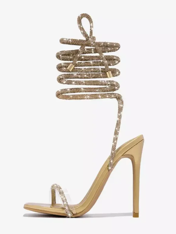 Black Party Shoes Glitter Open Toe Lace Up High Heel Sandals Prom Shoes