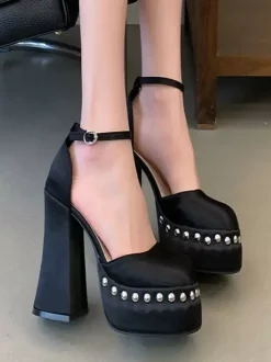 Black Platform Heels Satin Square Toe Beaded Ankle Strap Pumps