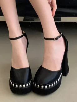 Black Platform Heels Satin Square Toe Beaded Ankle Strap Pumps