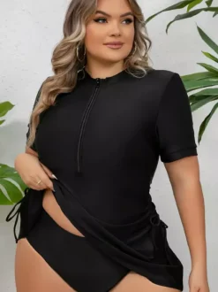 Black Plus Size Zip Front Skirted Swim Dress