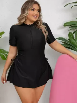 Black Plus Size Zip Front Skirted Swim Dress