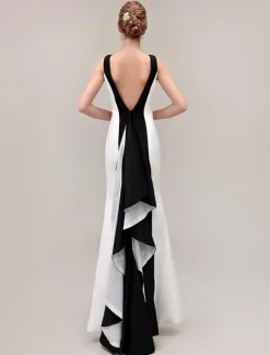 Black Prom Dresses 2026 Color Block Backless Fishtail Evening Gown Mermaid Ruffles Formal Dresses Free Customization