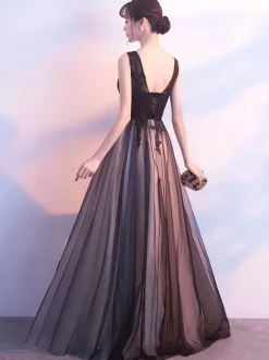 Black Prom Dresses Long V Neck Lace Tulle Sleeveless A Lien Floor Length Formal Evening Dress