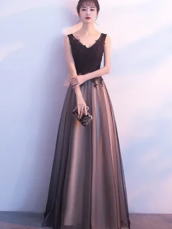 Black Prom Dresses Long V Neck Lace Tulle Sleeveless A Lien Floor Length Formal Evening Dress