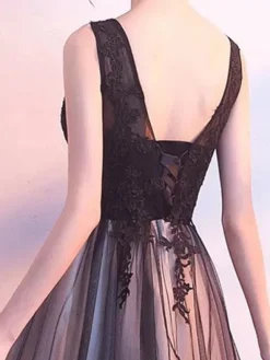 Black Prom Dresses Long V Neck Lace Tulle Sleeveless A Lien Floor Length Formal Evening Dress