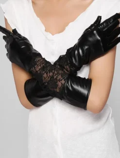 Black PU Leather Fingertips Long Women's Gloves For Fall Winter