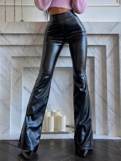 Black PU Leather Pants Raised Waist Flared Leg Trousers For Women