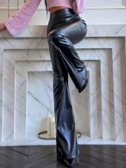 Black PU Leather Pants Raised Waist Flared Leg Trousers For Women