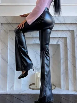 Black PU Leather Pants Raised Waist Flared Leg Trousers For Women