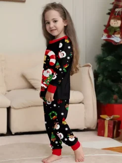 Black Red Family Christmas Pajamas With Candy Cane And Santa Print 2026