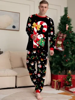 Black Red Family Christmas Pajamas With Candy Cane And Santa Print 2026
