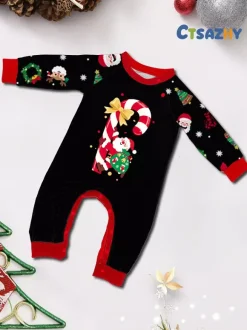 Black Red Family Christmas Pajamas With Candy Cane And Santa Print 2026