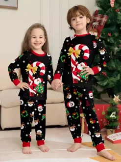 Black Red Family Christmas Pajamas With Candy Cane And Santa Print 2026
