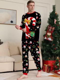Black Red Family Christmas Pajamas With Candy Cane And Santa Print 2026