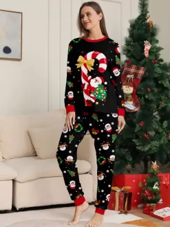 Black Red Family Christmas Pajamas With Candy Cane And Santa Print 2026
