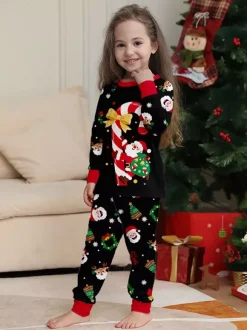 Black Red Family Christmas Pajamas With Candy Cane And Santa Print 2026