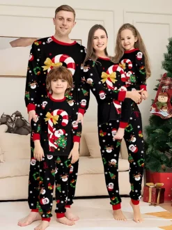 Black Red Family Christmas Pajamas With Candy Cane And Santa Print 2026