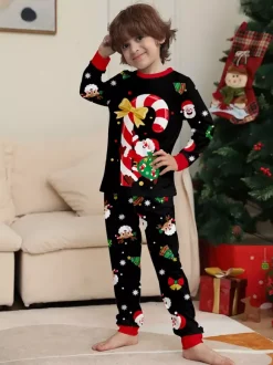 Black Red Family Christmas Pajamas With Candy Cane And Santa Print 2026