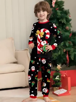 Black Red Family Christmas Pajamas With Candy Cane And Santa Print 2026