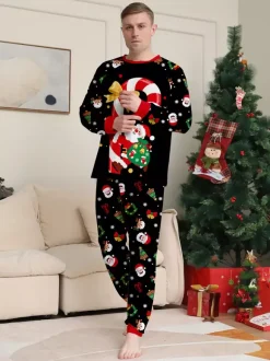 Black Red Family Christmas Pajamas With Candy Cane And Santa Print 2026