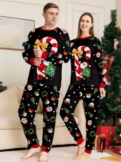 Black Red Family Christmas Pajamas With Candy Cane And Santa Print 2026