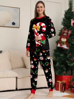 Black Red Family Christmas Pajamas With Candy Cane And Santa Print 2026