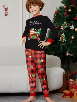 Black Red Plaid Family Christmas Pajamas Car Snowman Print 2026