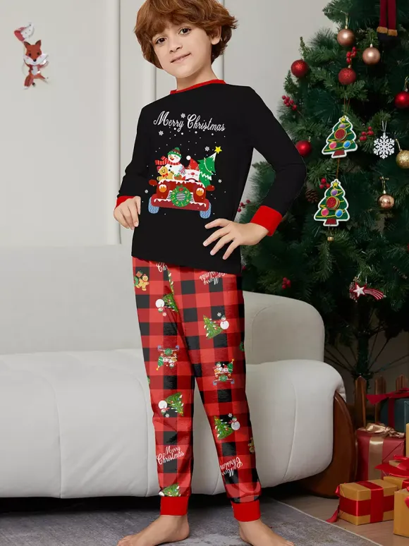 Black Red Plaid Family Christmas Pajamas Car Snowman Print 2026
