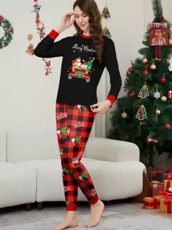 Black Red Plaid Family Christmas Pajamas Car Snowman Print 2026