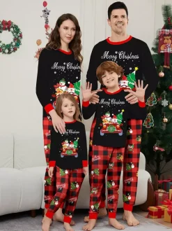 Black Red Plaid Family Christmas Pajamas Car Snowman Print 2026